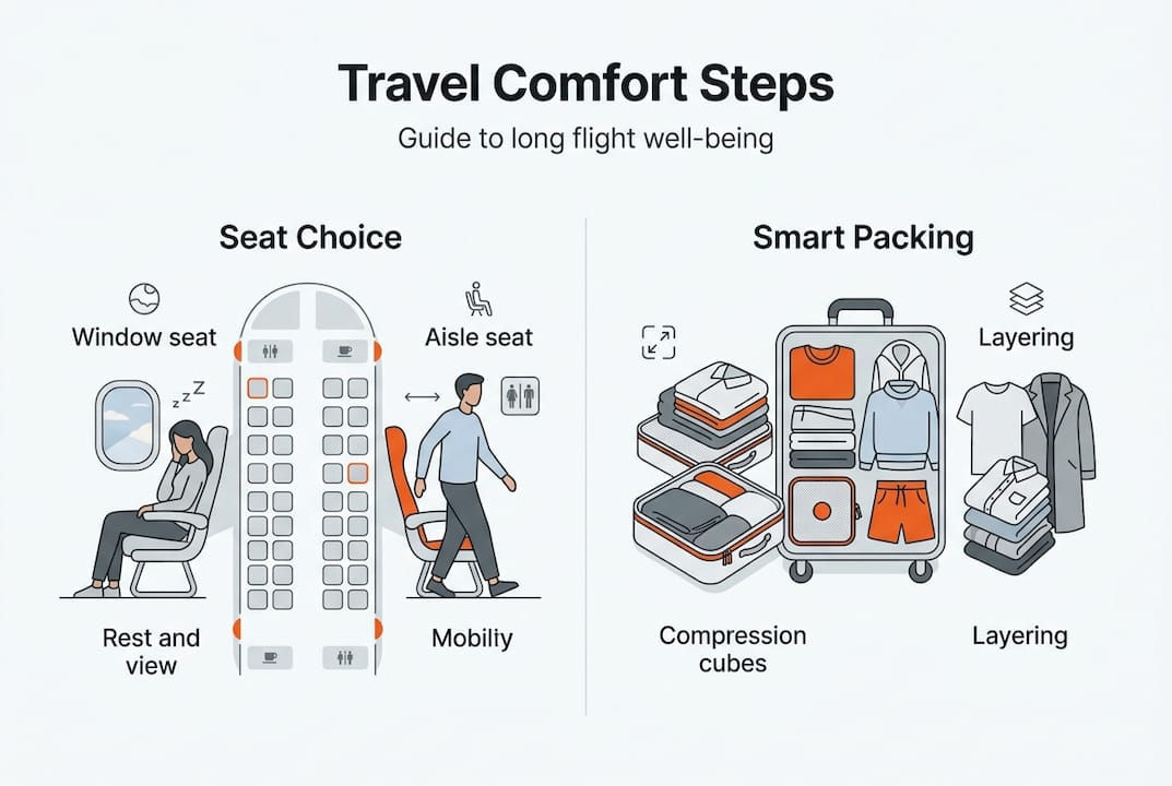 Infographic travel comfort steps seat and packing