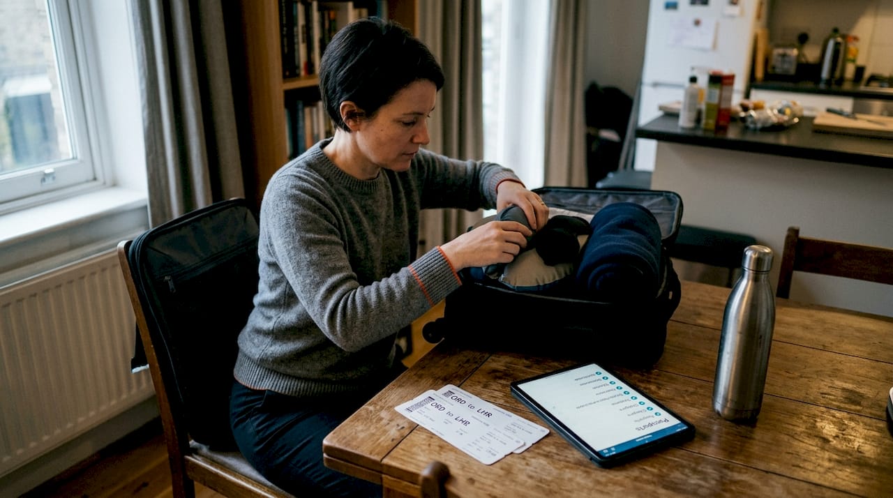 Traveler packing upright sleep essentials for flight