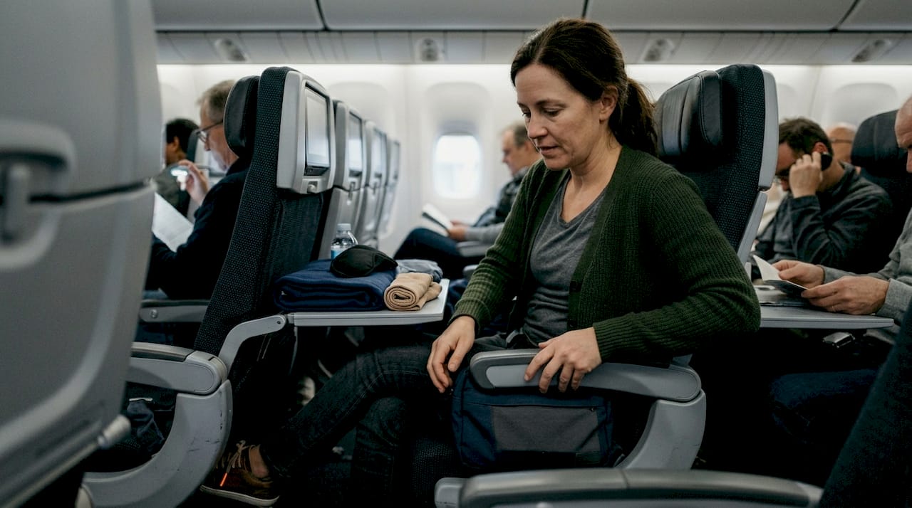 Traveler with comfort essentials, stretching in seat