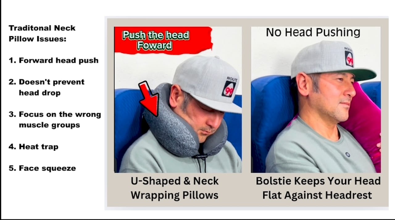 Man testing alternative body-support travel pillow