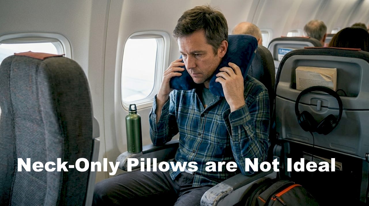 Traveler adjusts neck pillow in airplane