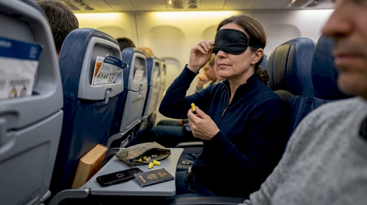 Passenger using travel sleep accessories in flight