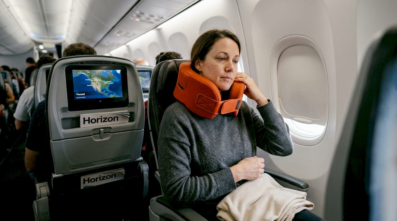 Woman adjusting structured travel pillow in seat