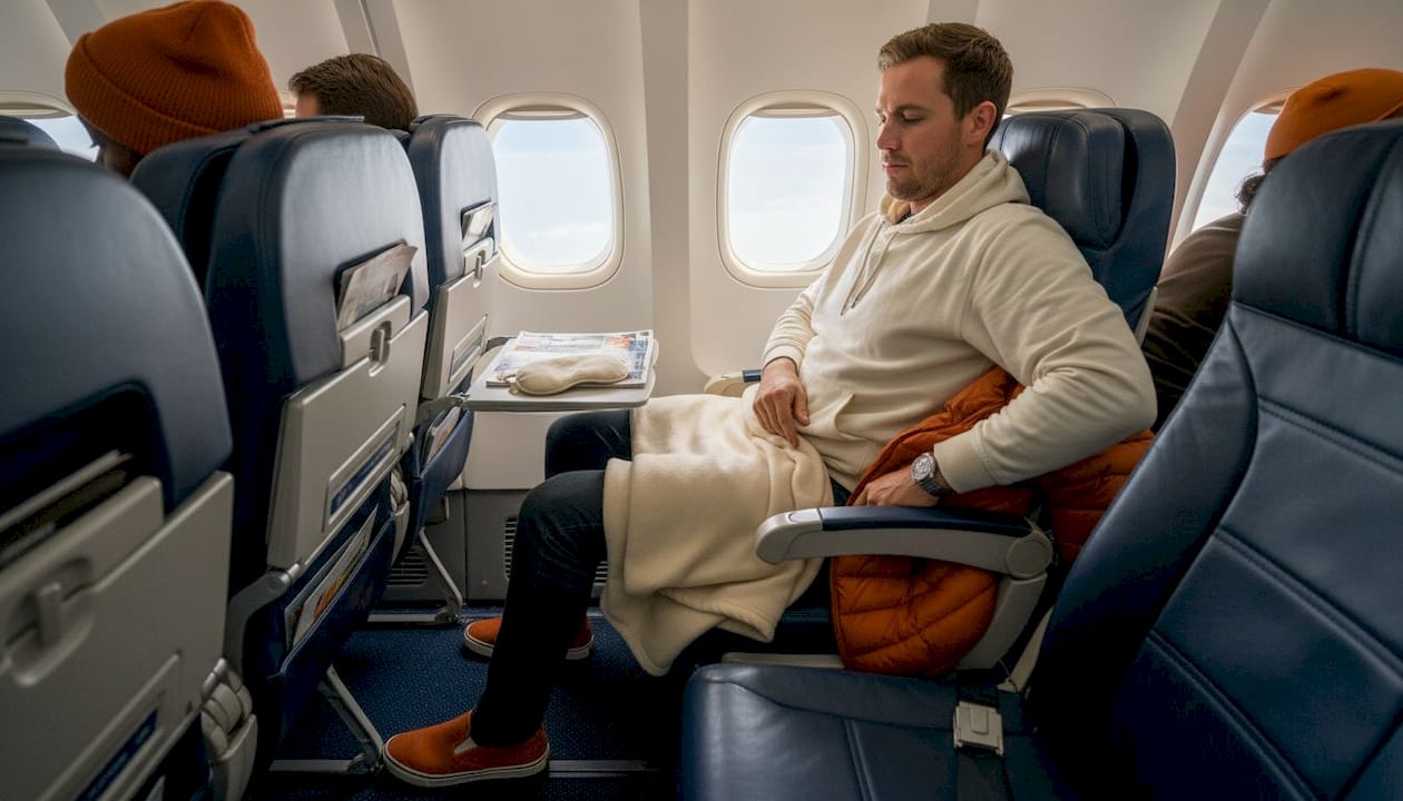 Man creating lumbar support in airplane middle seat