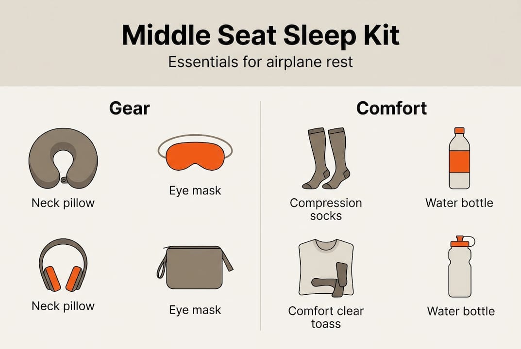 Infographic showing middle seat sleep gear essentials