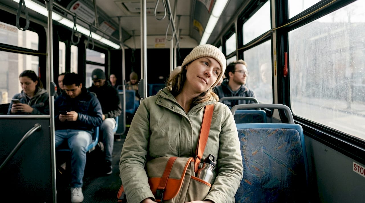 Woman on bus stretches neck while commuting