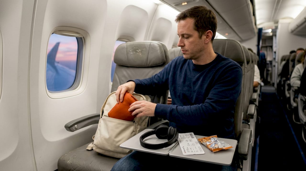 Economy flyer with compact travel pillow