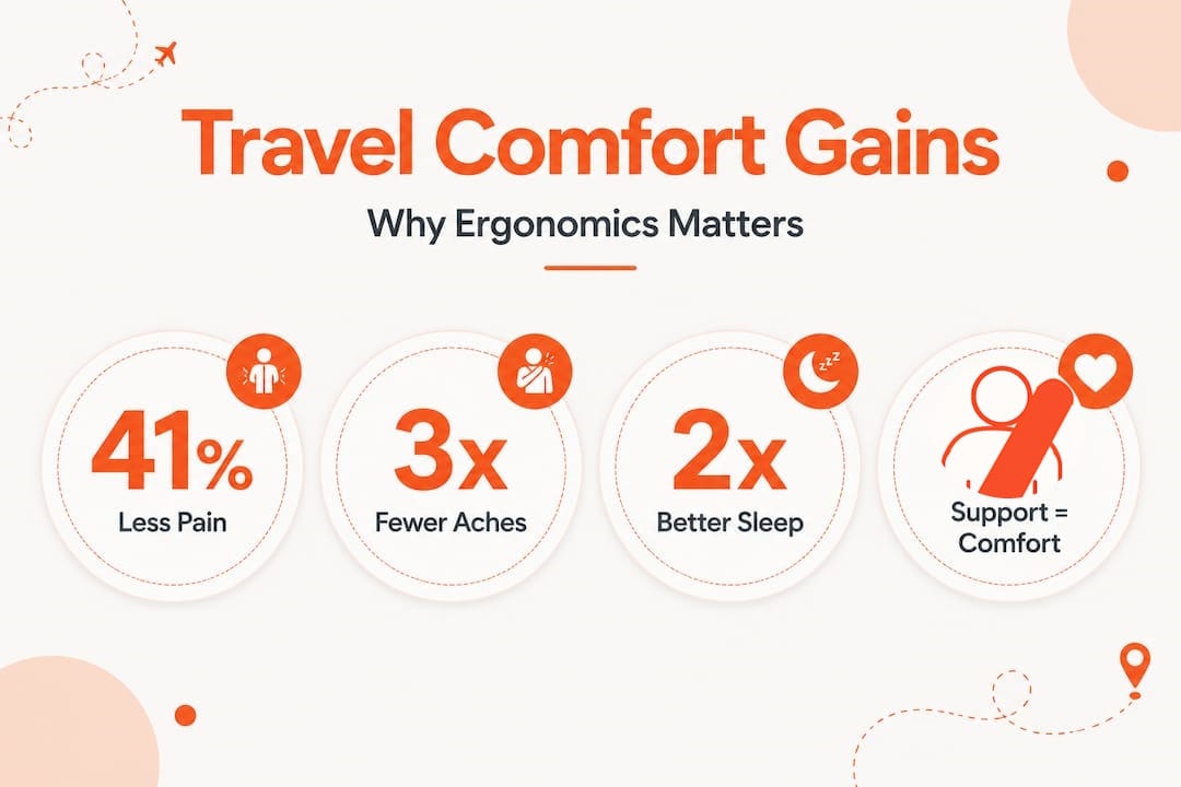 Stat-focused infographic showing ergonomic travel comfort benefits