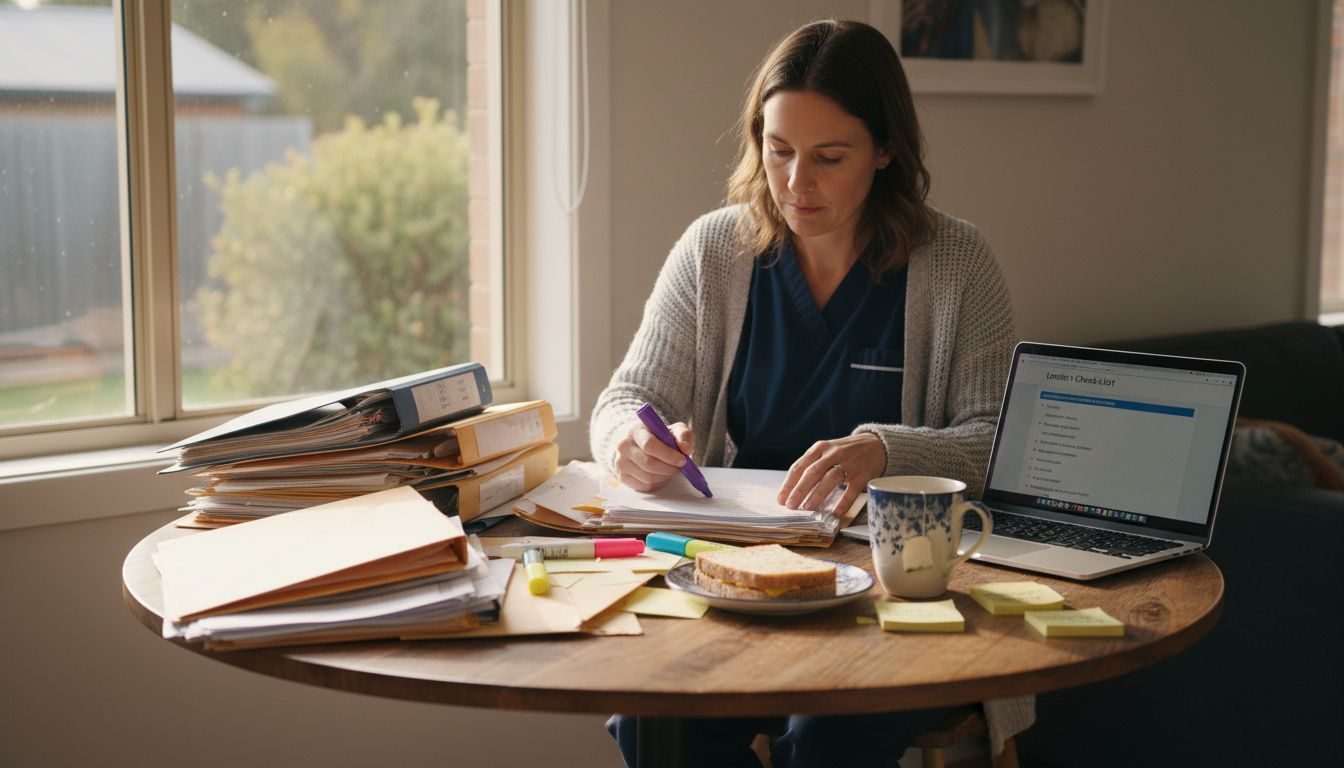 Medical professional sorting loan paperwork at home