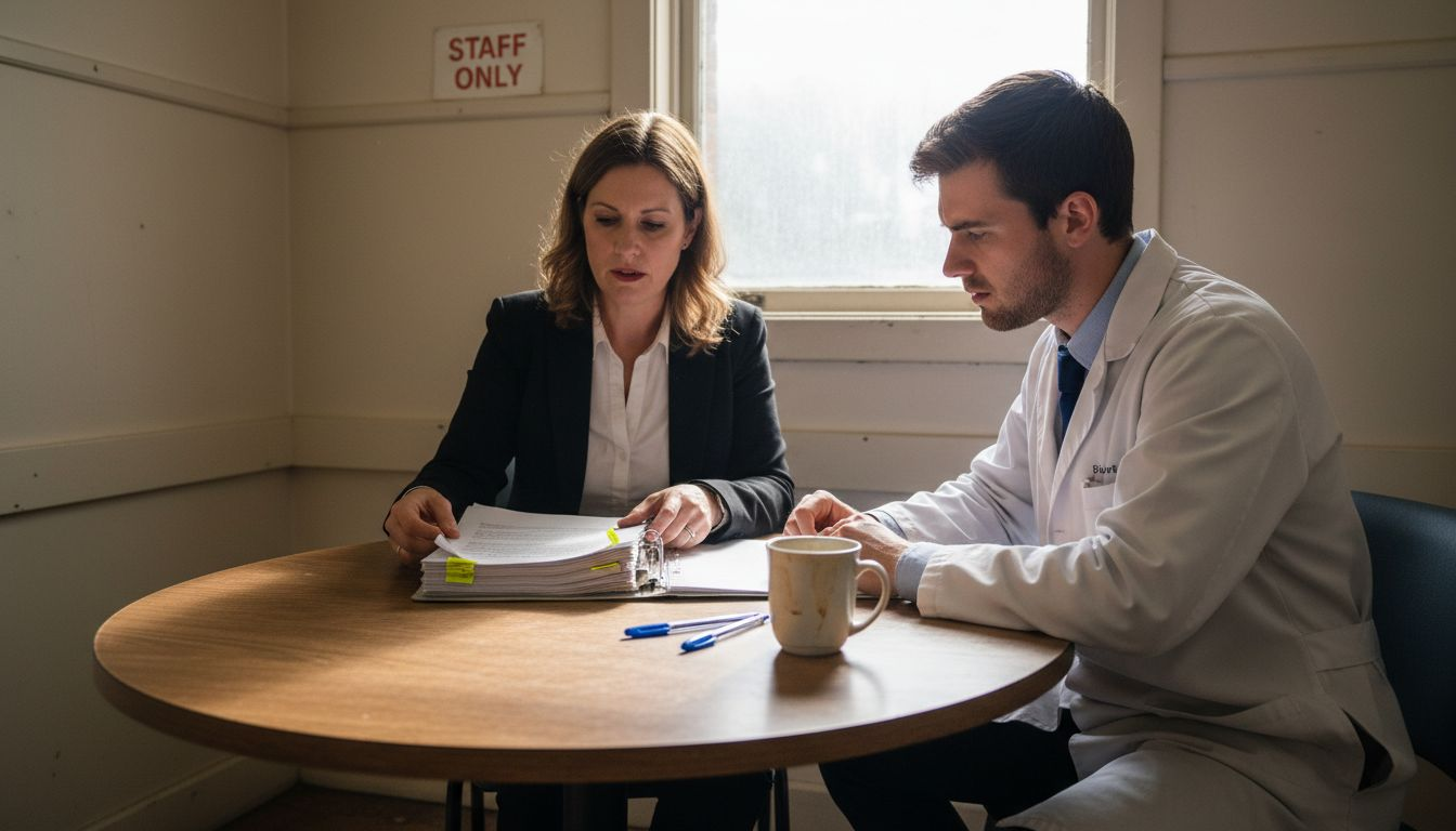 Medico broker discussing loan with young doctor