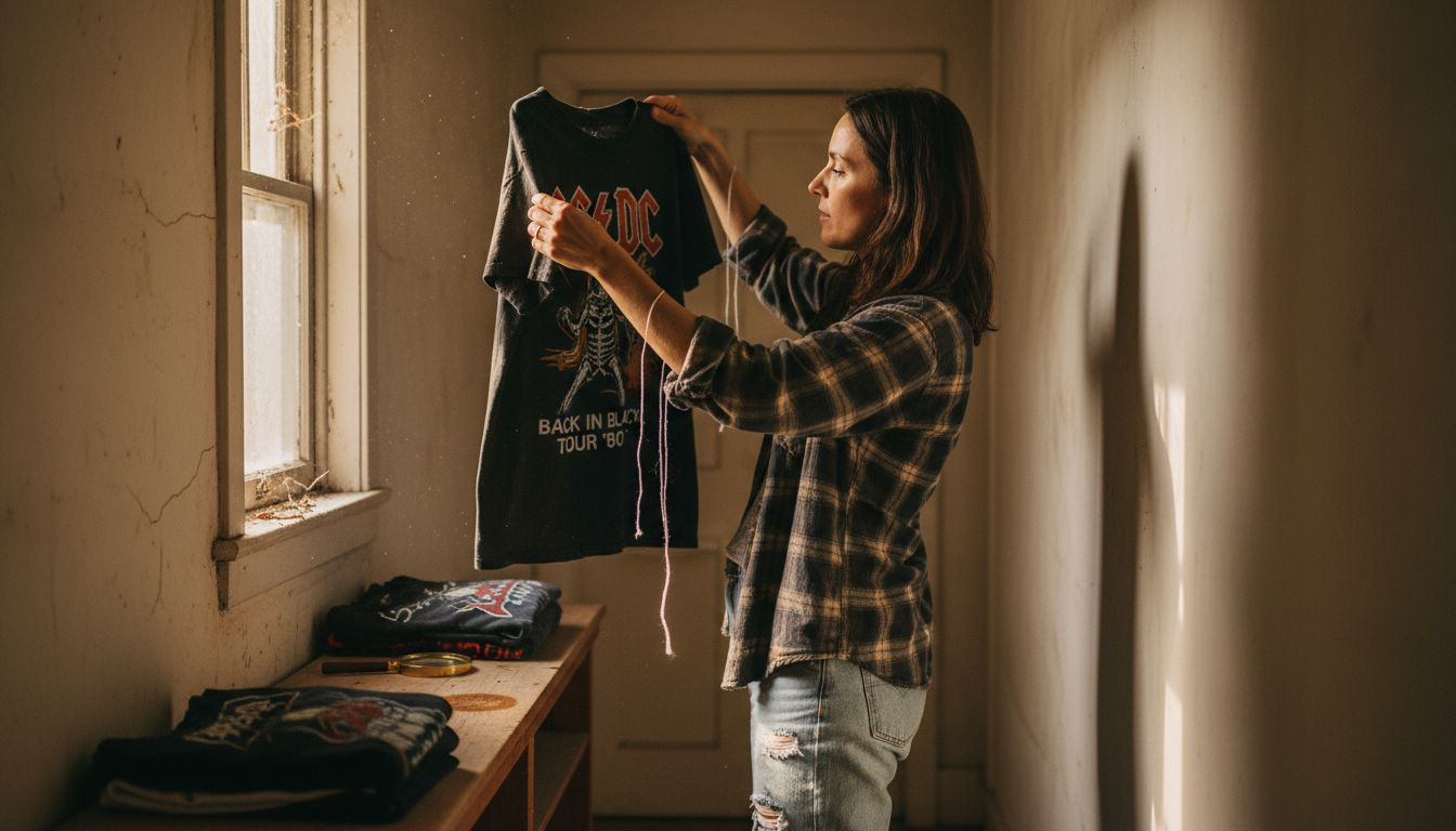 Woman closely inspecting faded band shirt
