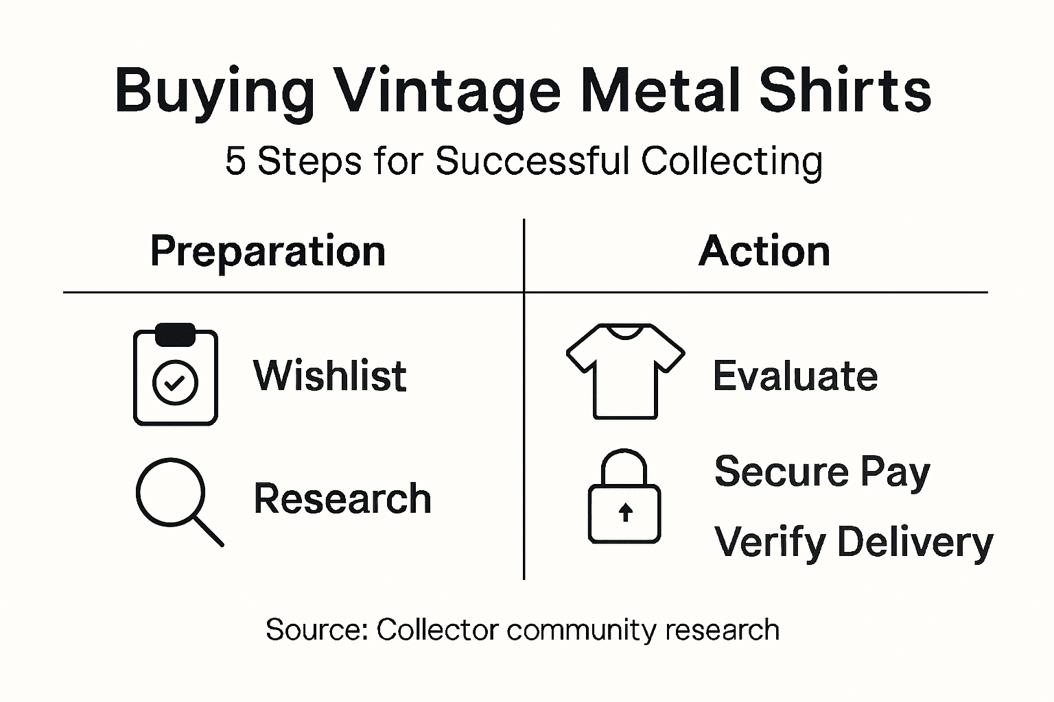Infographic showing steps to buy vintage metal shirts