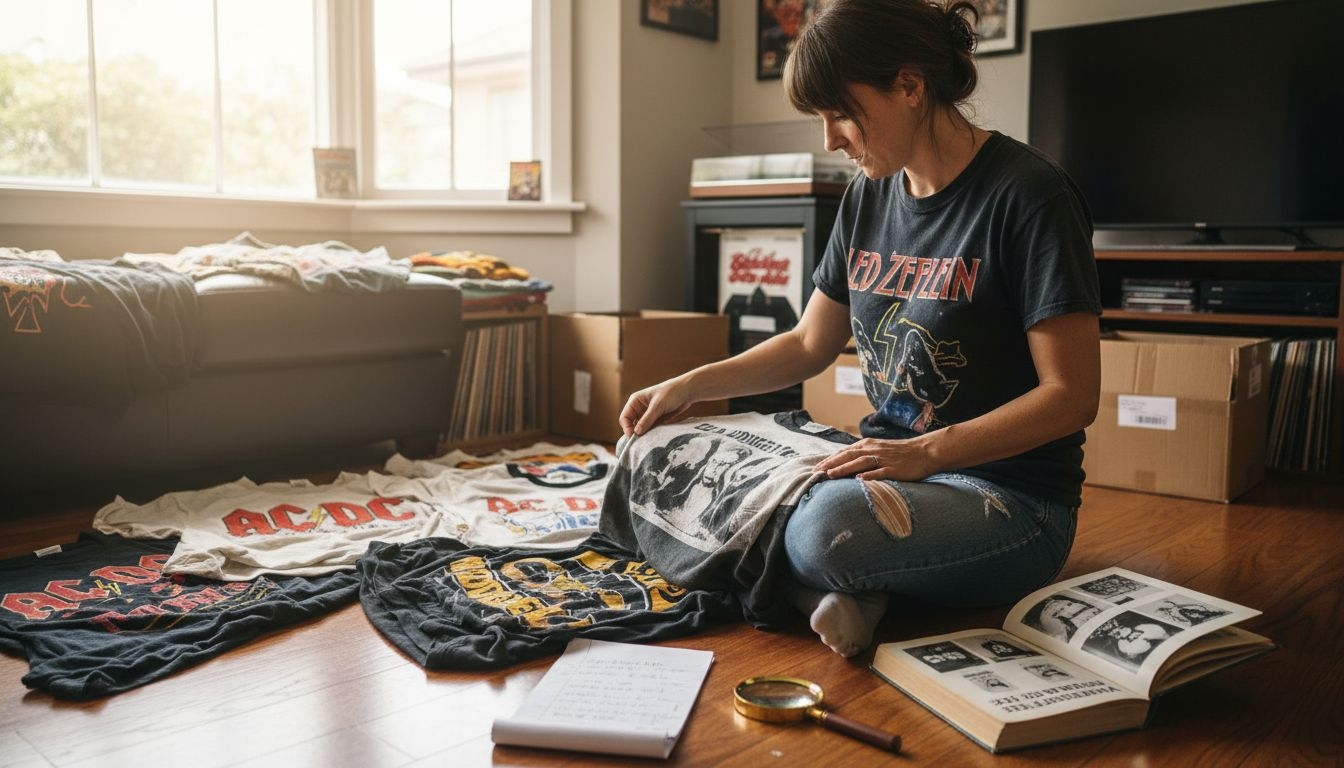 Collector sorting vintage band t-shirts