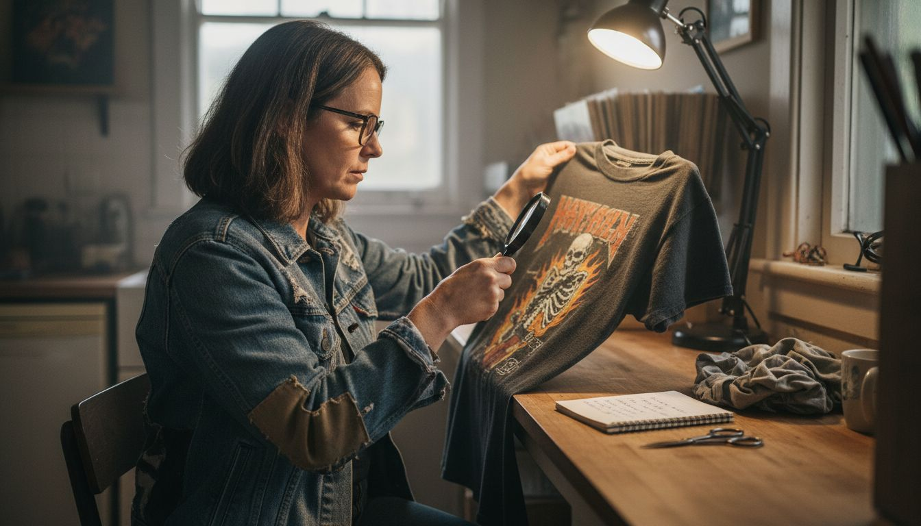 Dealer examining stitching on vintage band tee