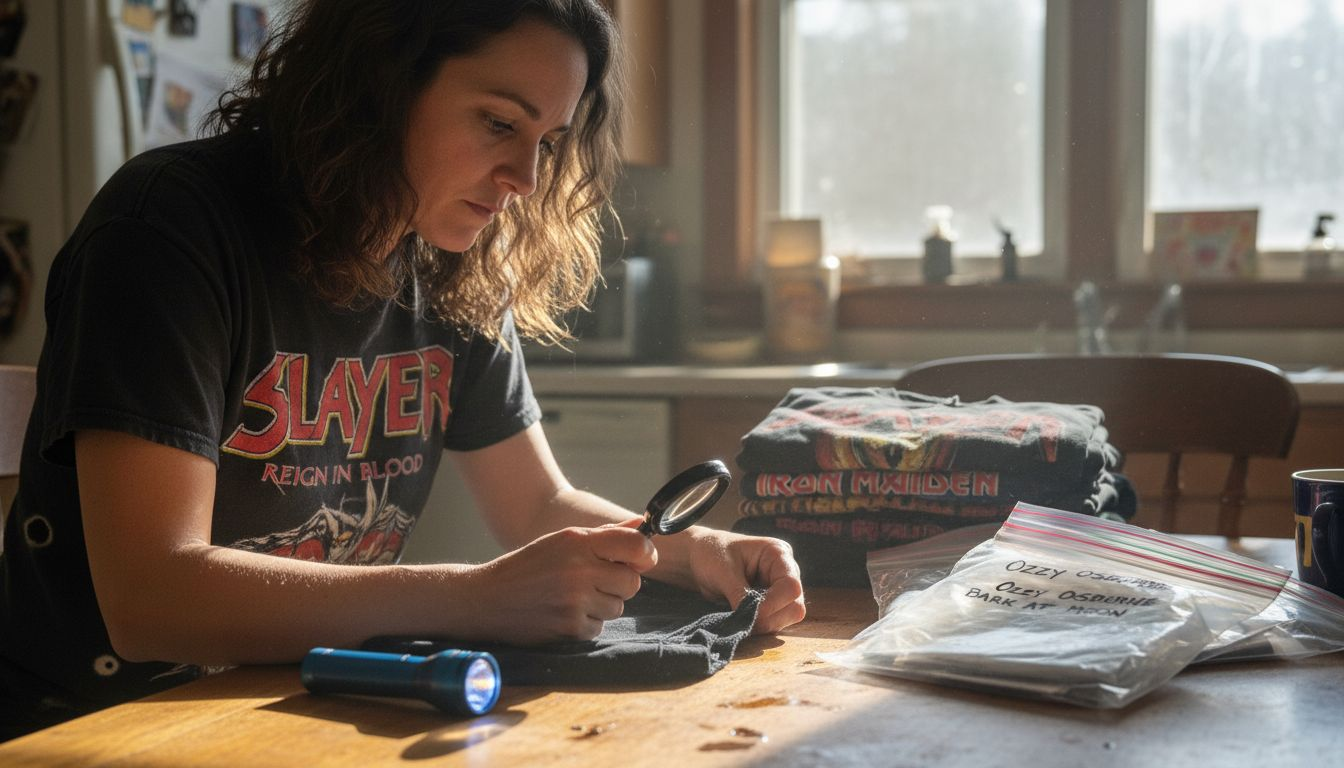 Inspecting vintage metal T-shirt with tools