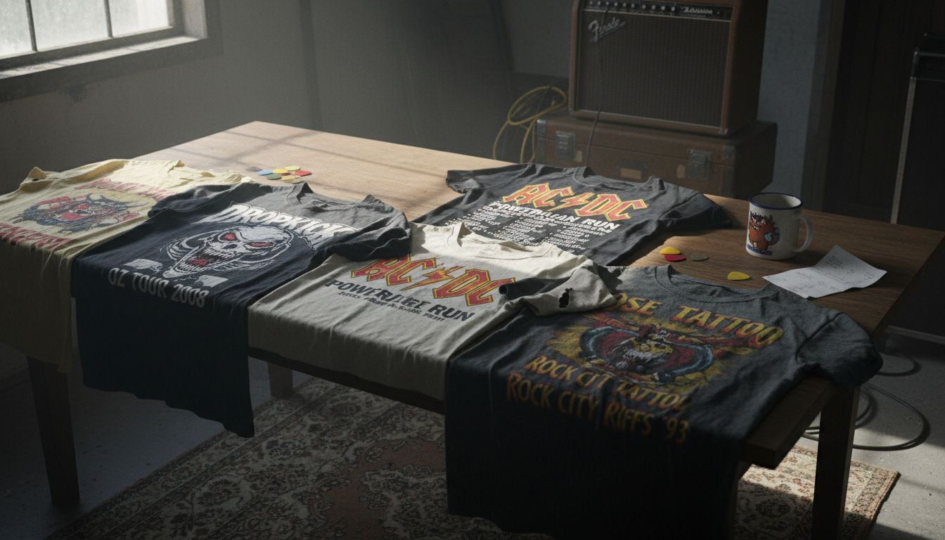 Assorted metal band tour shirts display design variety