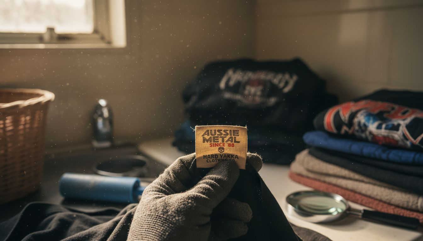 Hand inspecting vintage shirt tag details
