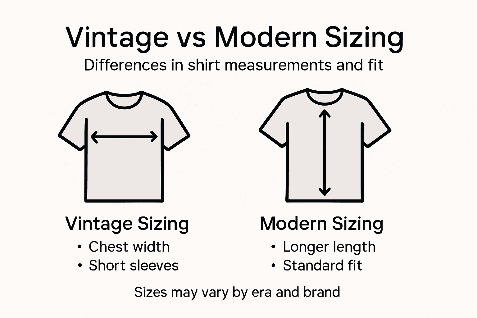 Infographic comparing vintage and modern shirt sizes