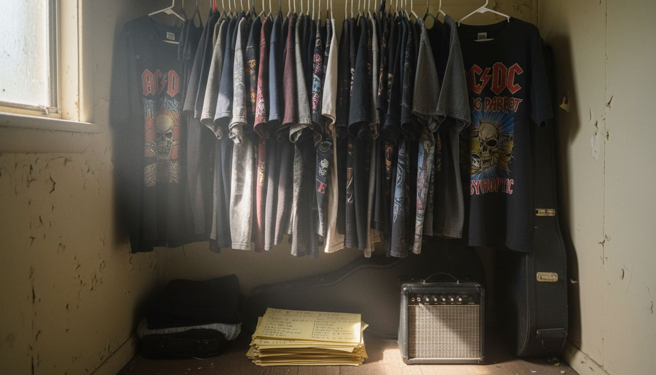 Close-up of worn vintage metal shirts in closet