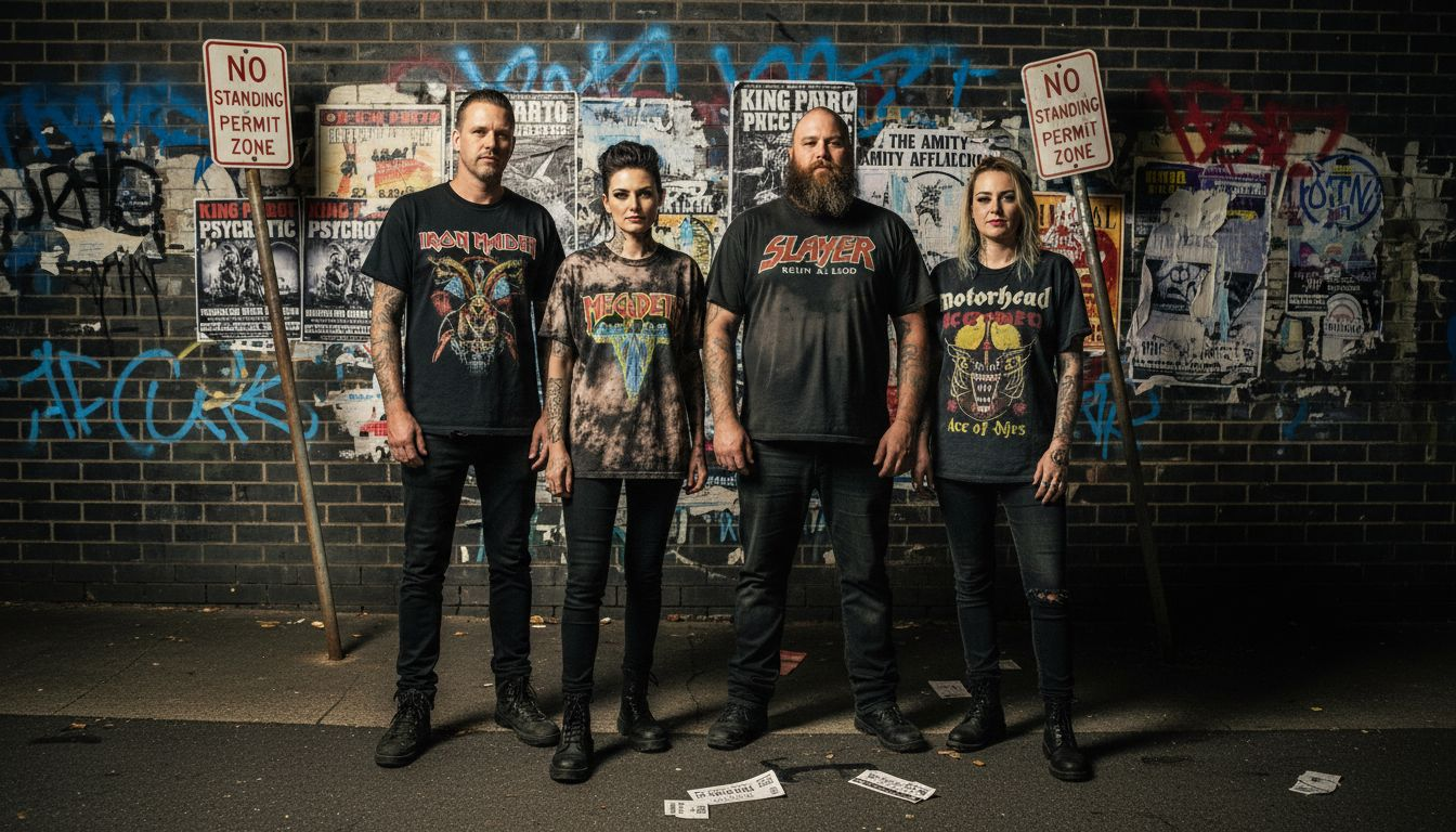 Group wearing vintage metal t-shirts at concert