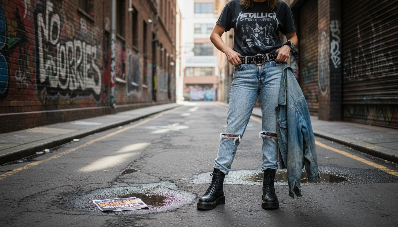 Outfit with acid-wash jeans and metal accessories