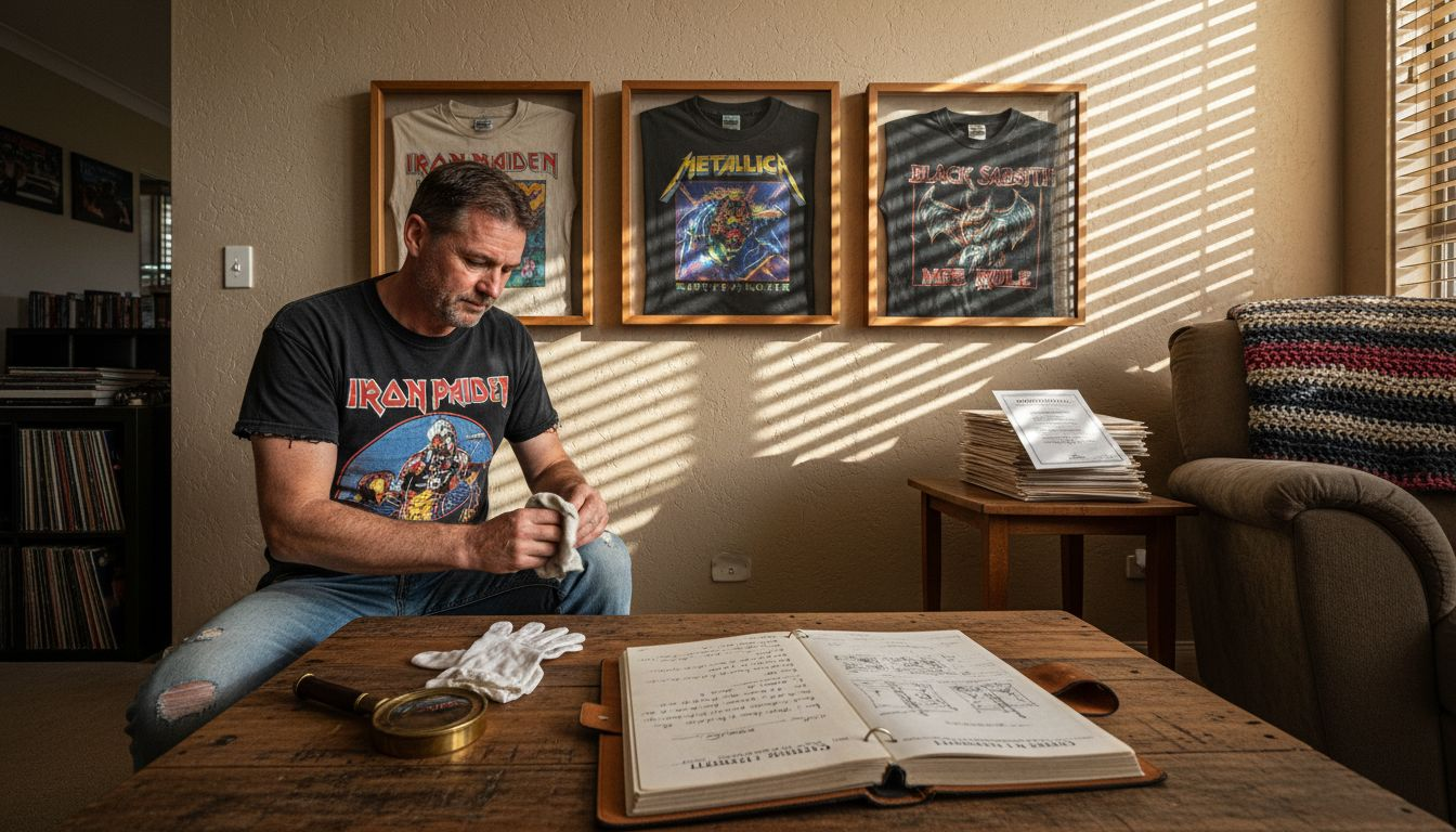 Collector displaying vintage metal shirts at home
