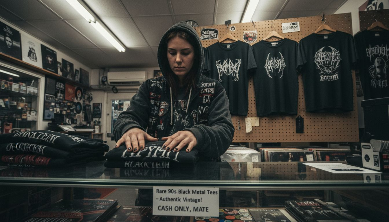 Shopkeeper handling rare black metal shirts