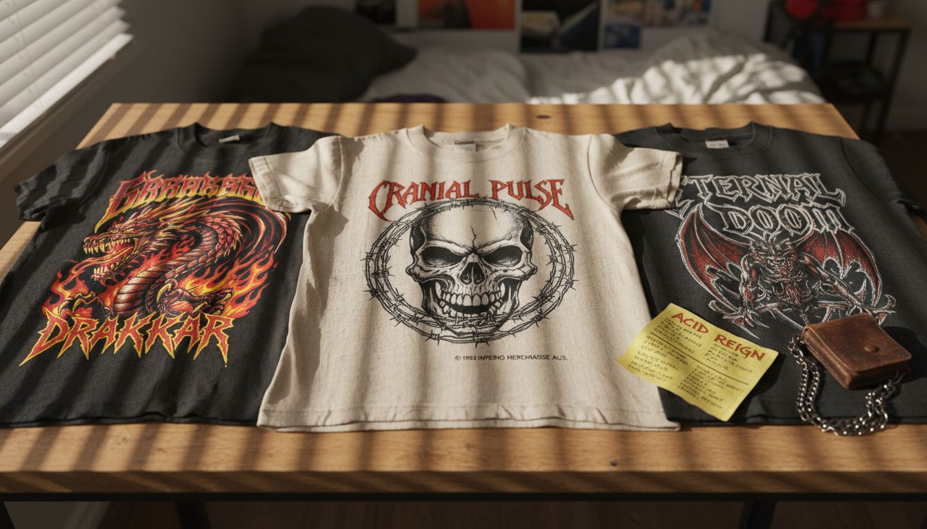 Close-up of 1990s metal shirt designs