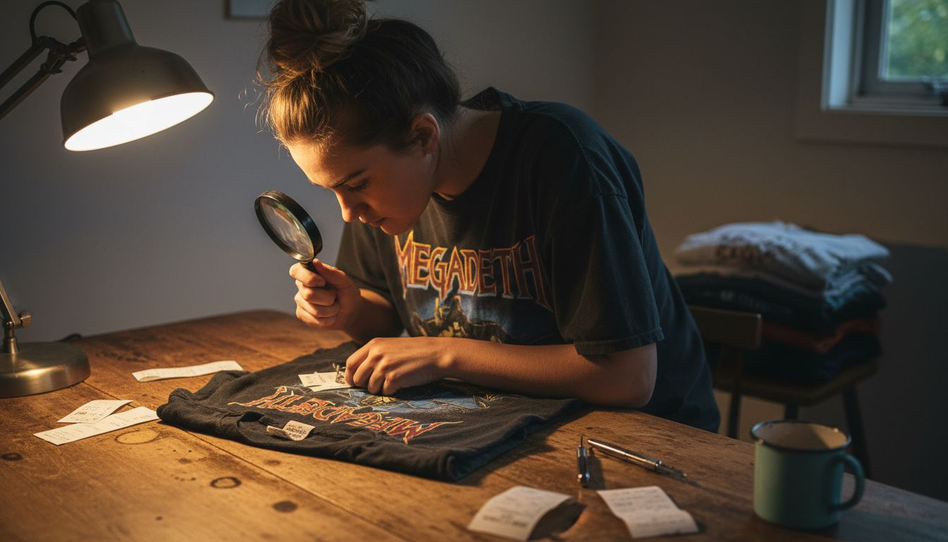 Person inspecting vintage metal t-shirt for authenticity