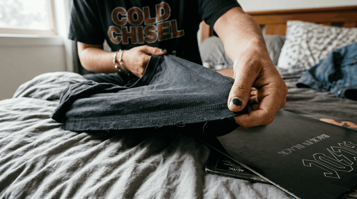 Inspecting vintage shirt fabric and stitch detail