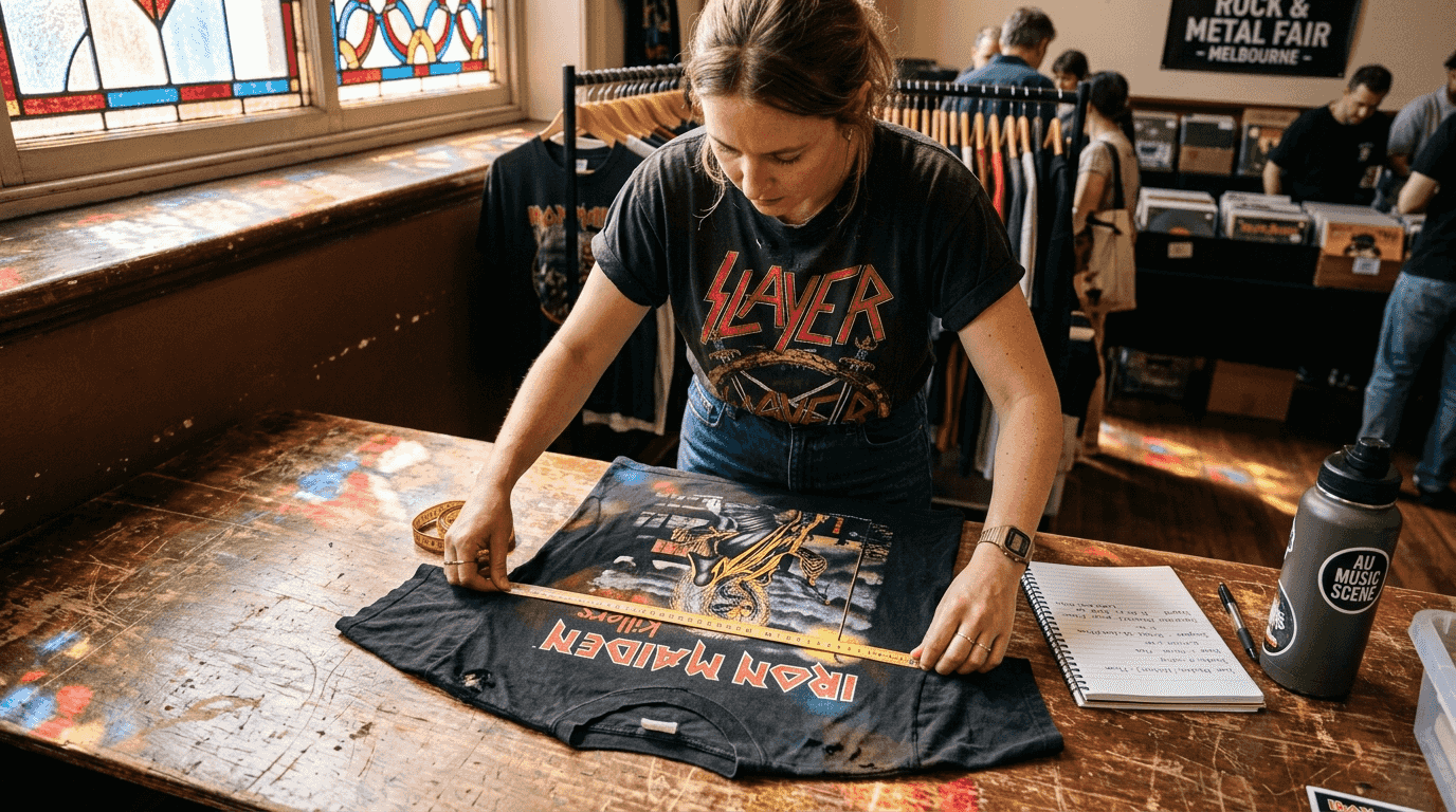 Woman measures vintage band shirt at fair