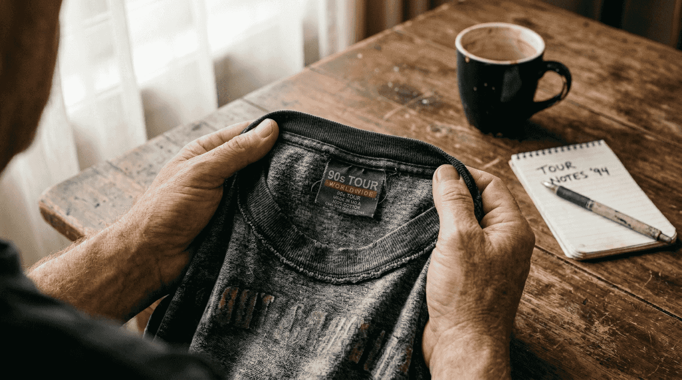 Hands inspecting vintage shirt tag and stitching