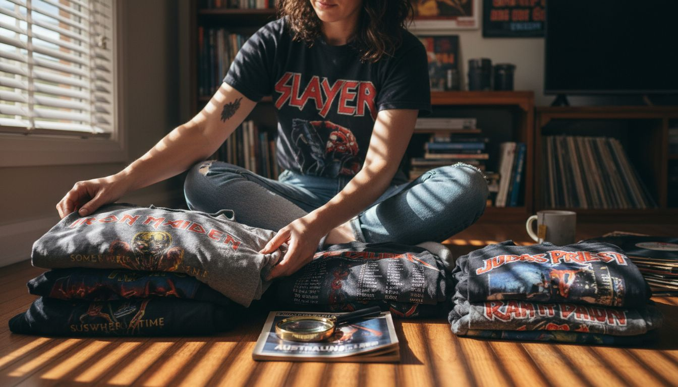Collector sorting vintage metal tour shirts