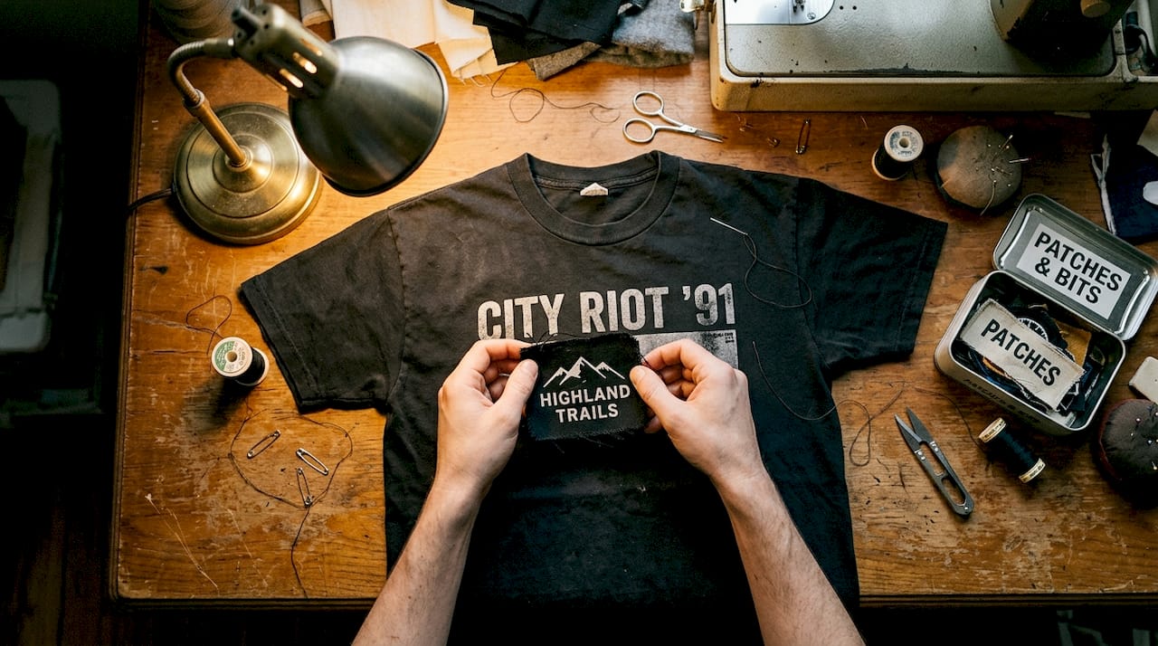 Hands applying patch to black metal tee