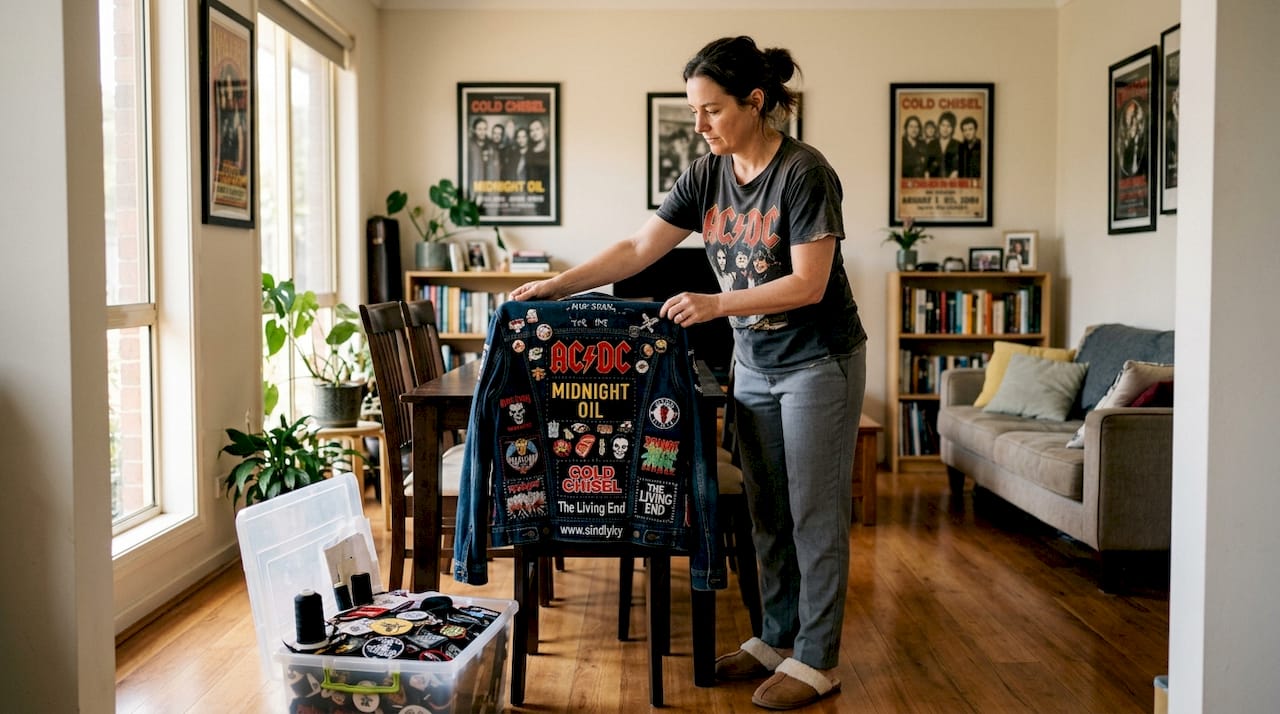 Collector arranging patched battle jacket