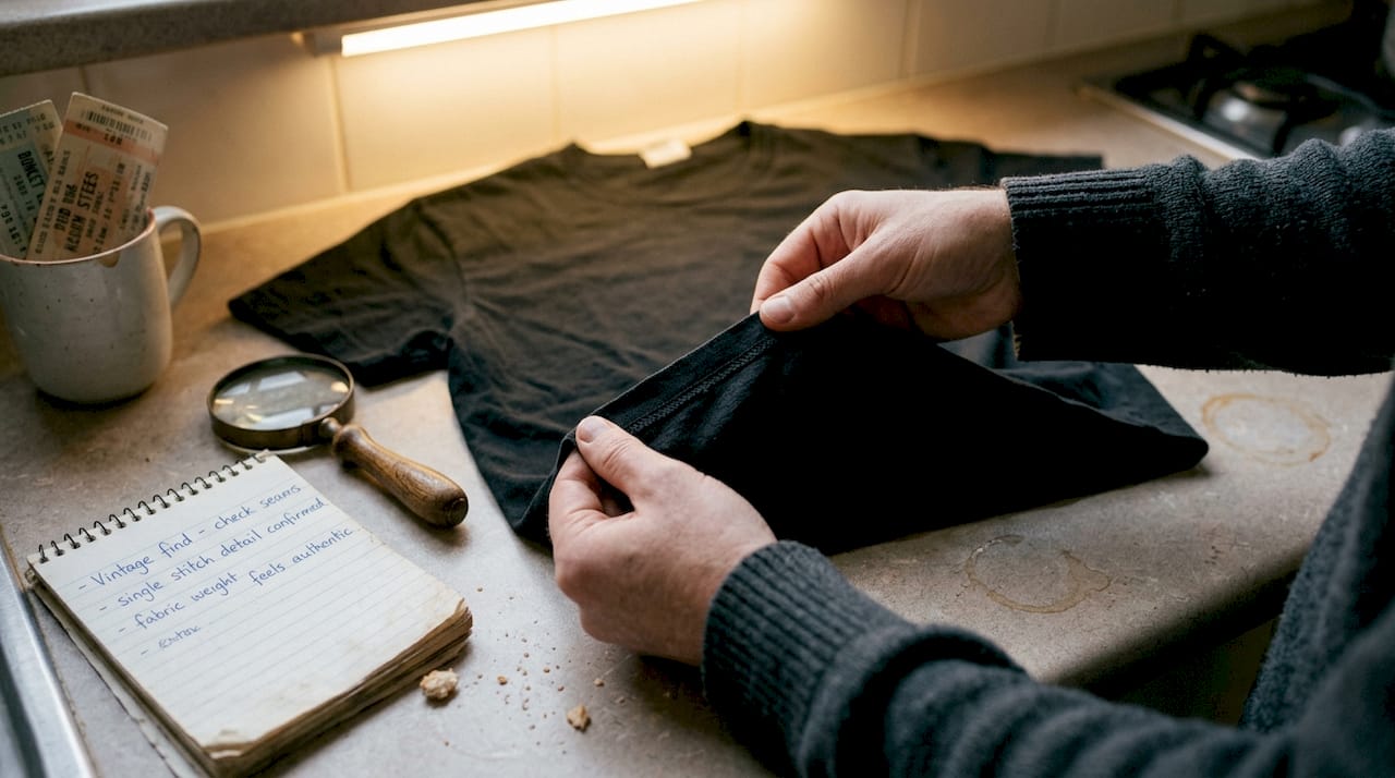 Hands inspecting single-stitch t-shirt seams