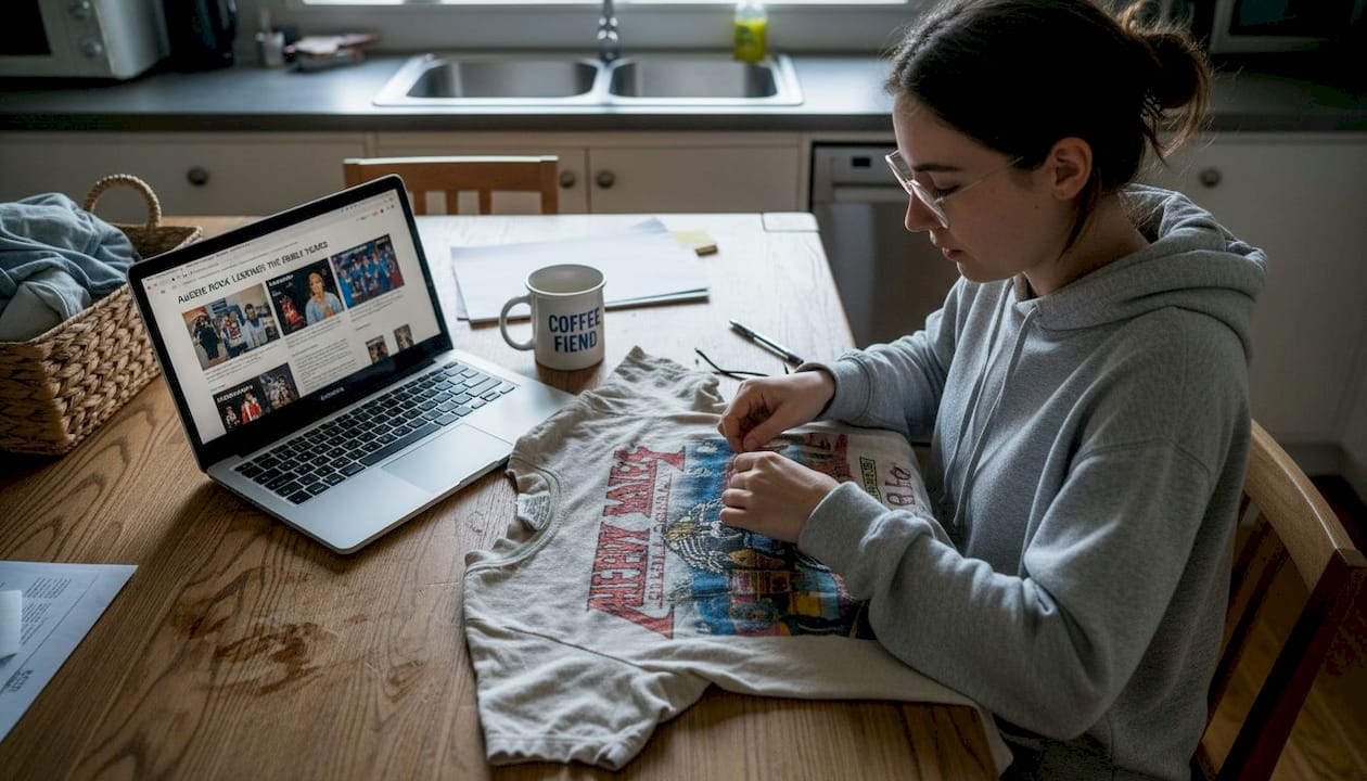 Woman inspects vintage tour shirt for authenticity