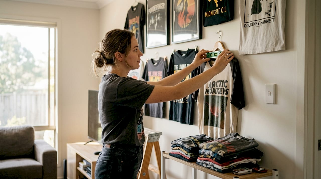 Woman rotates band shirt wall display