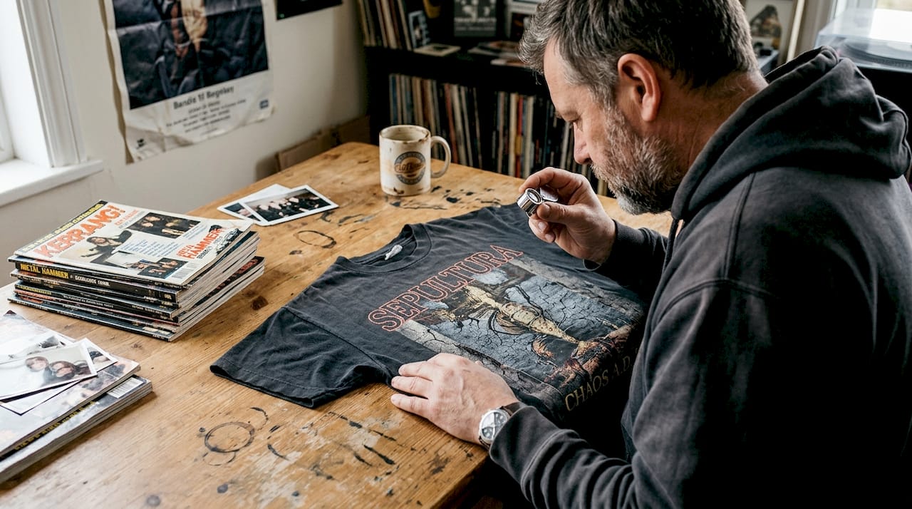 Collector examines vintage metal band t-shirt
