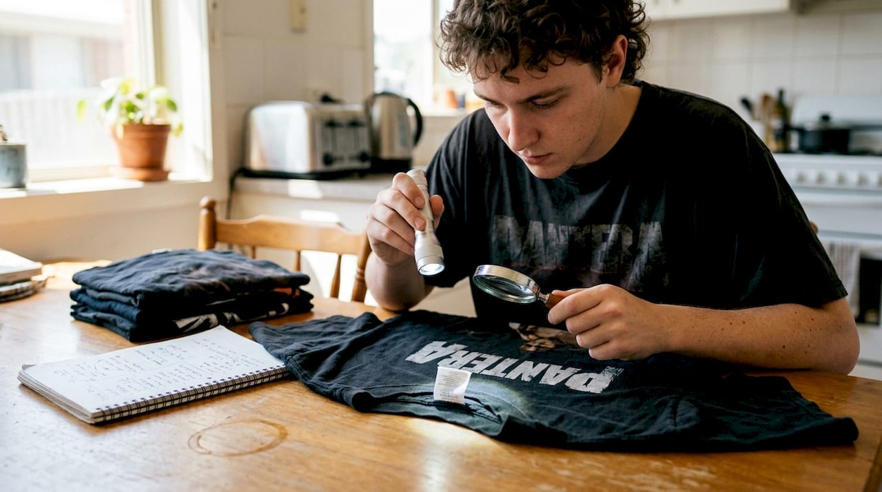 Collector authenticating vintage band tee