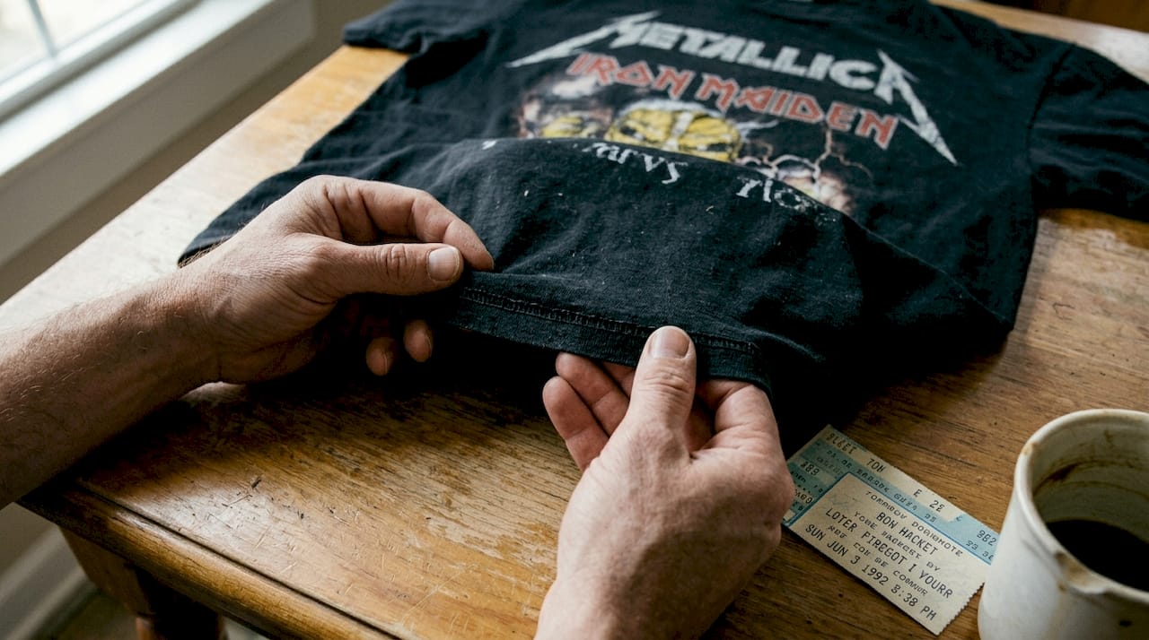 Hands inspecting vintage band shirt details