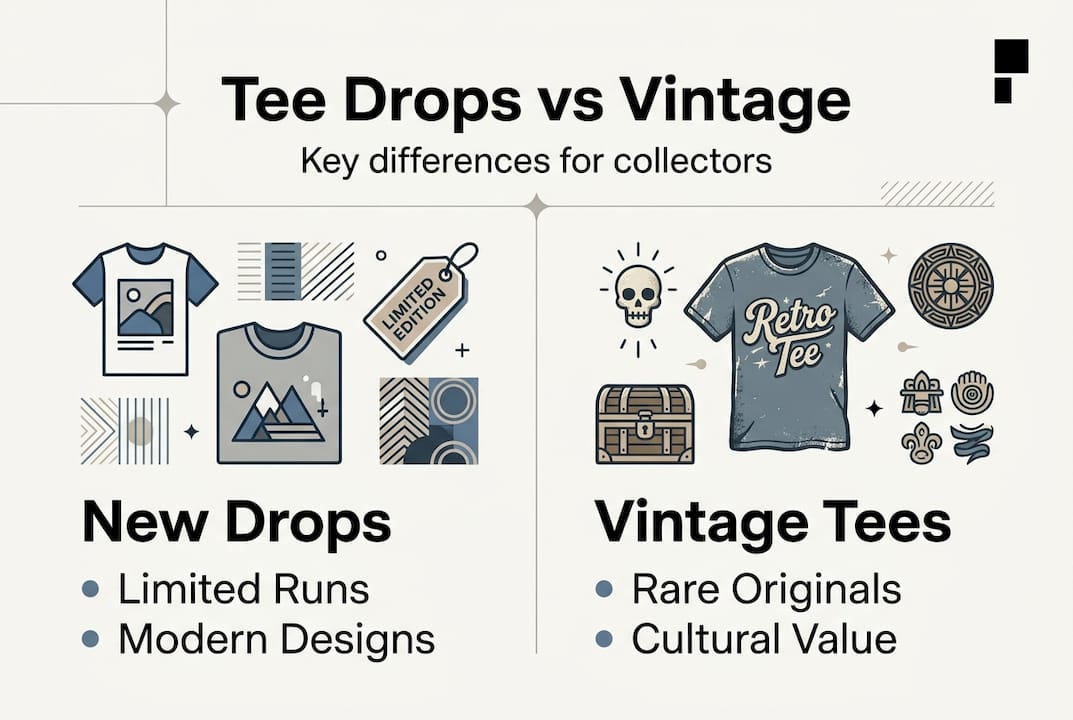 Infographic comparing vintage and new band tees
