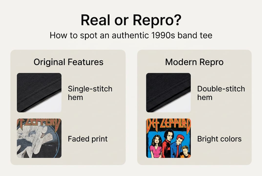 Infographic on spotting authentic 1990s band tees