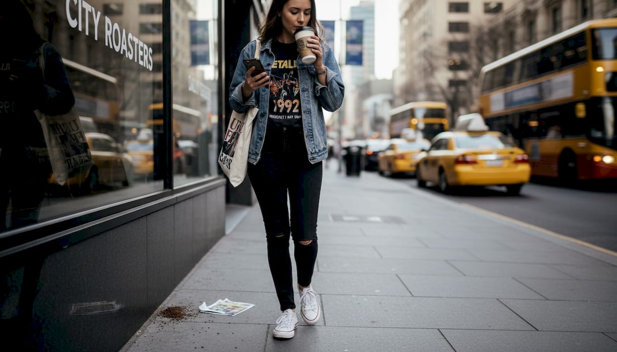 Young woman styling vintage band tee on street