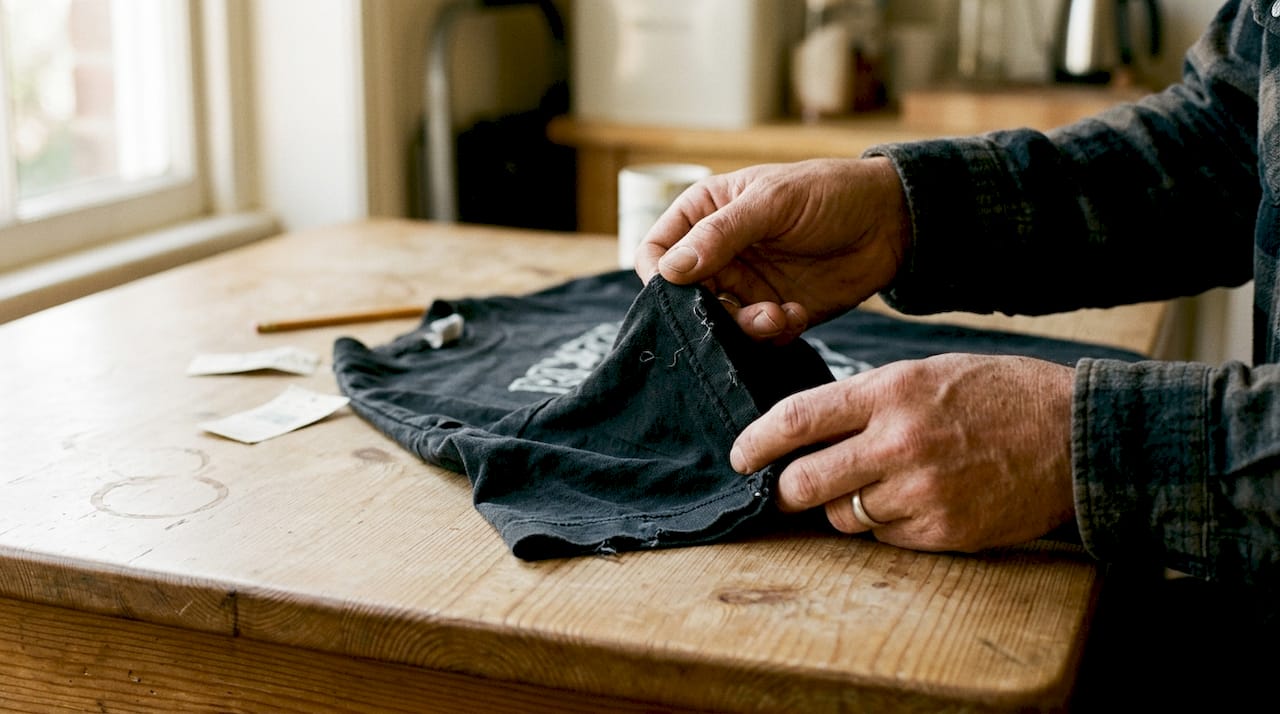 Hands checking single-stitch hem on tee