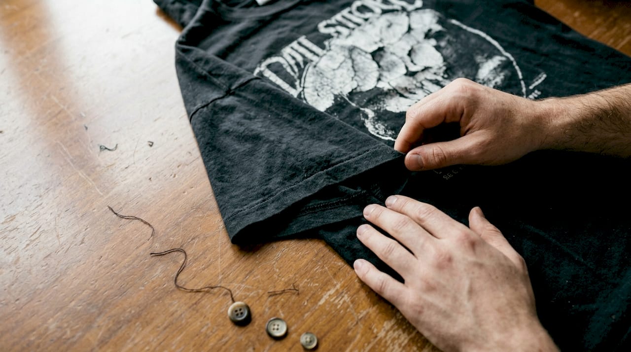 Close-up vintage shirt stitching and ink