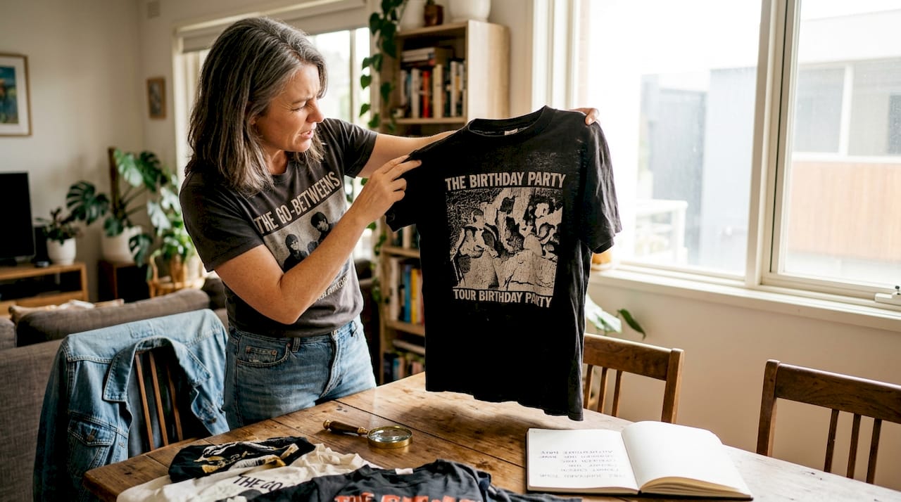Woman inspecting vintage t-shirt print