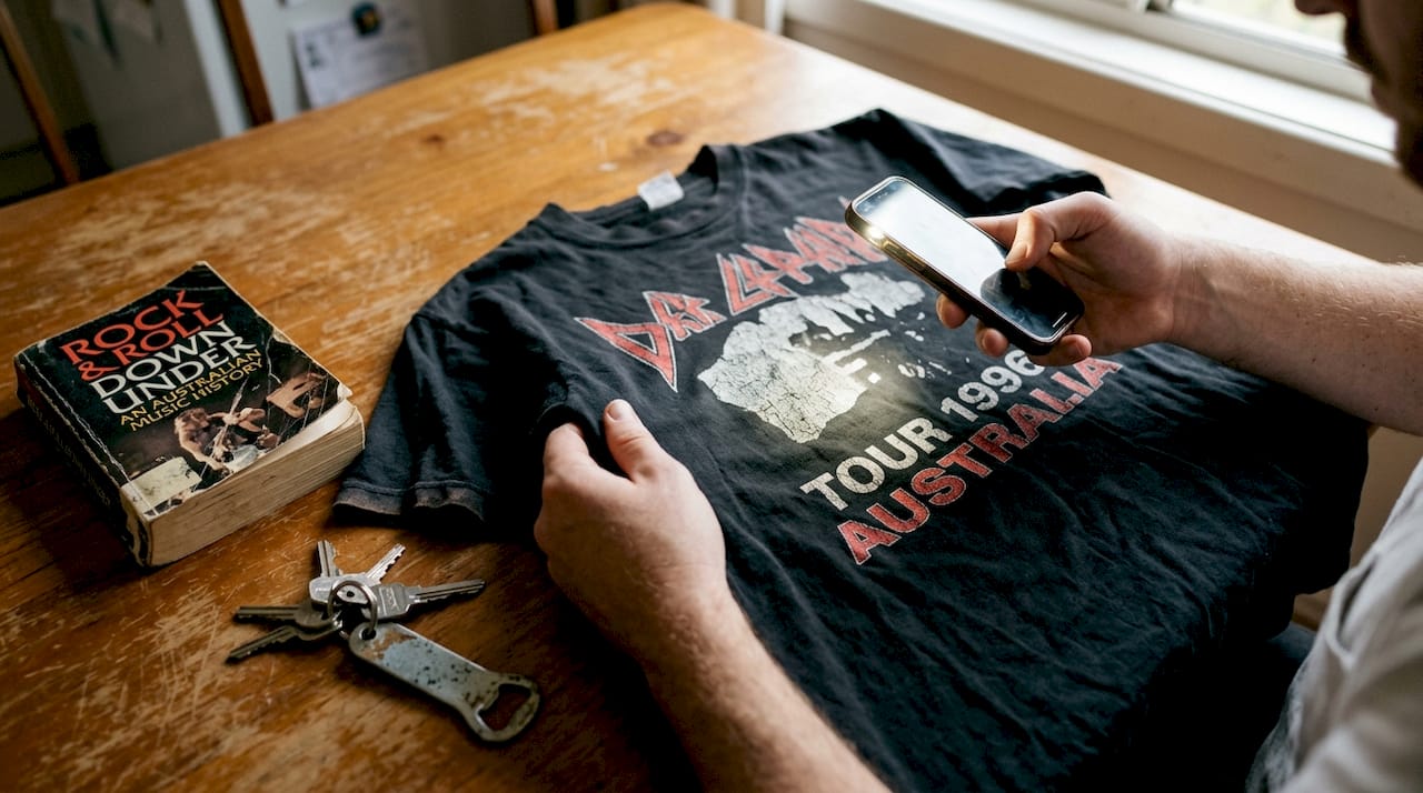 Examining vintage tour shirt print details