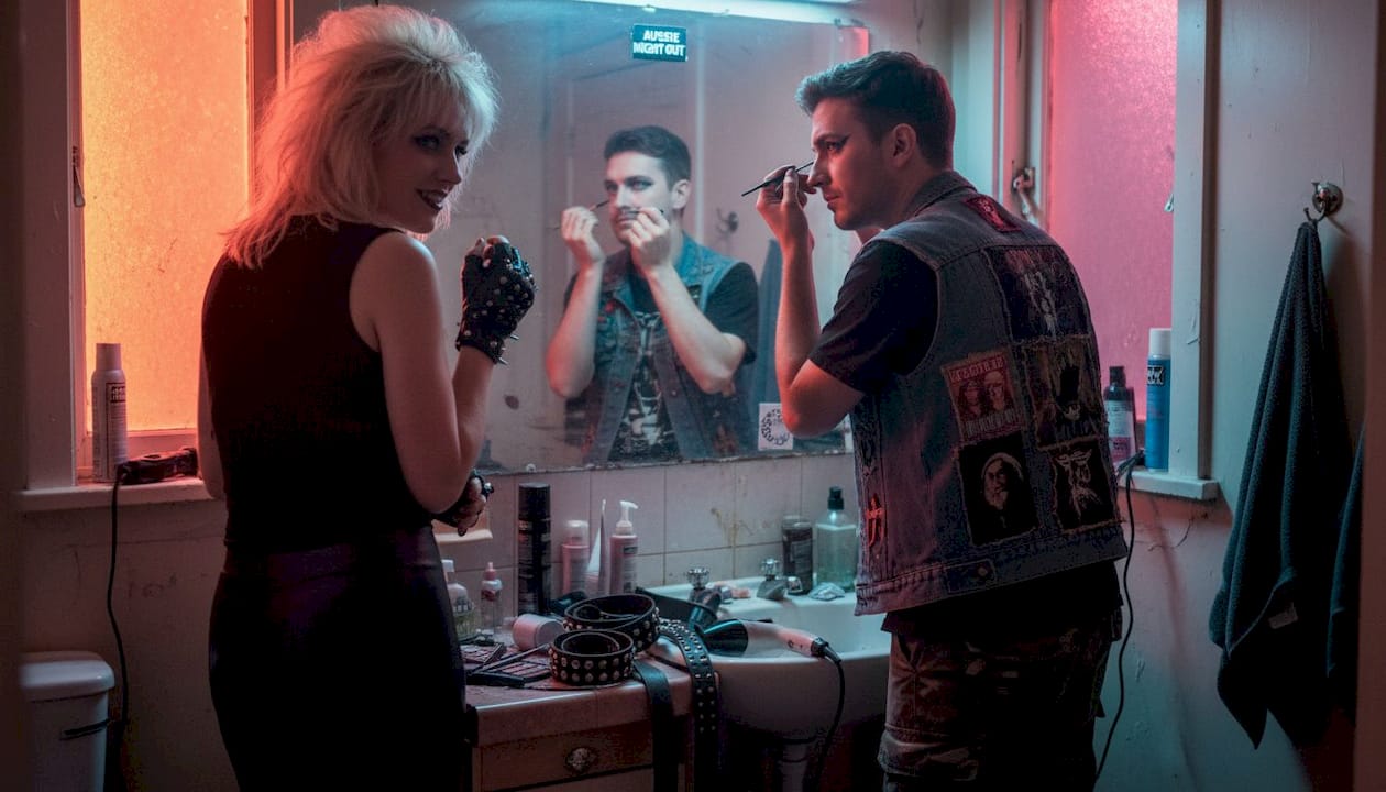 Friends preparing iconic 1980s metal looks