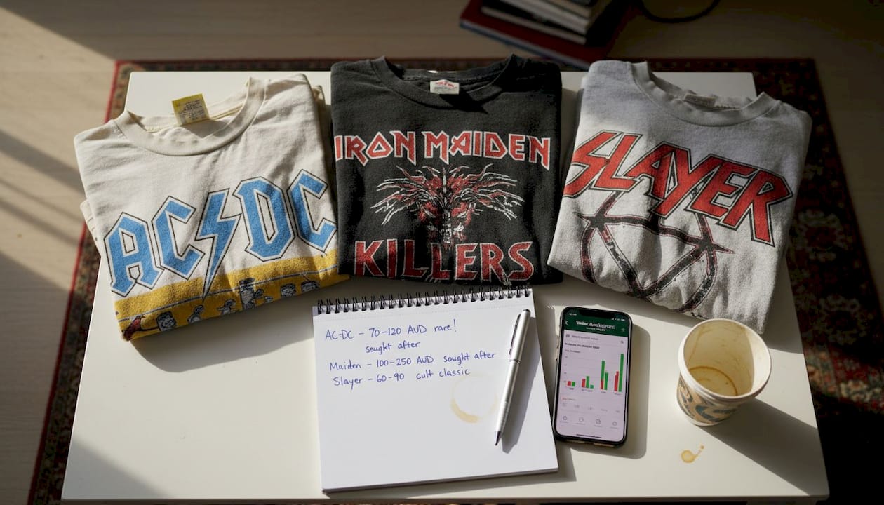Vintage metal shirts and price notes on table
